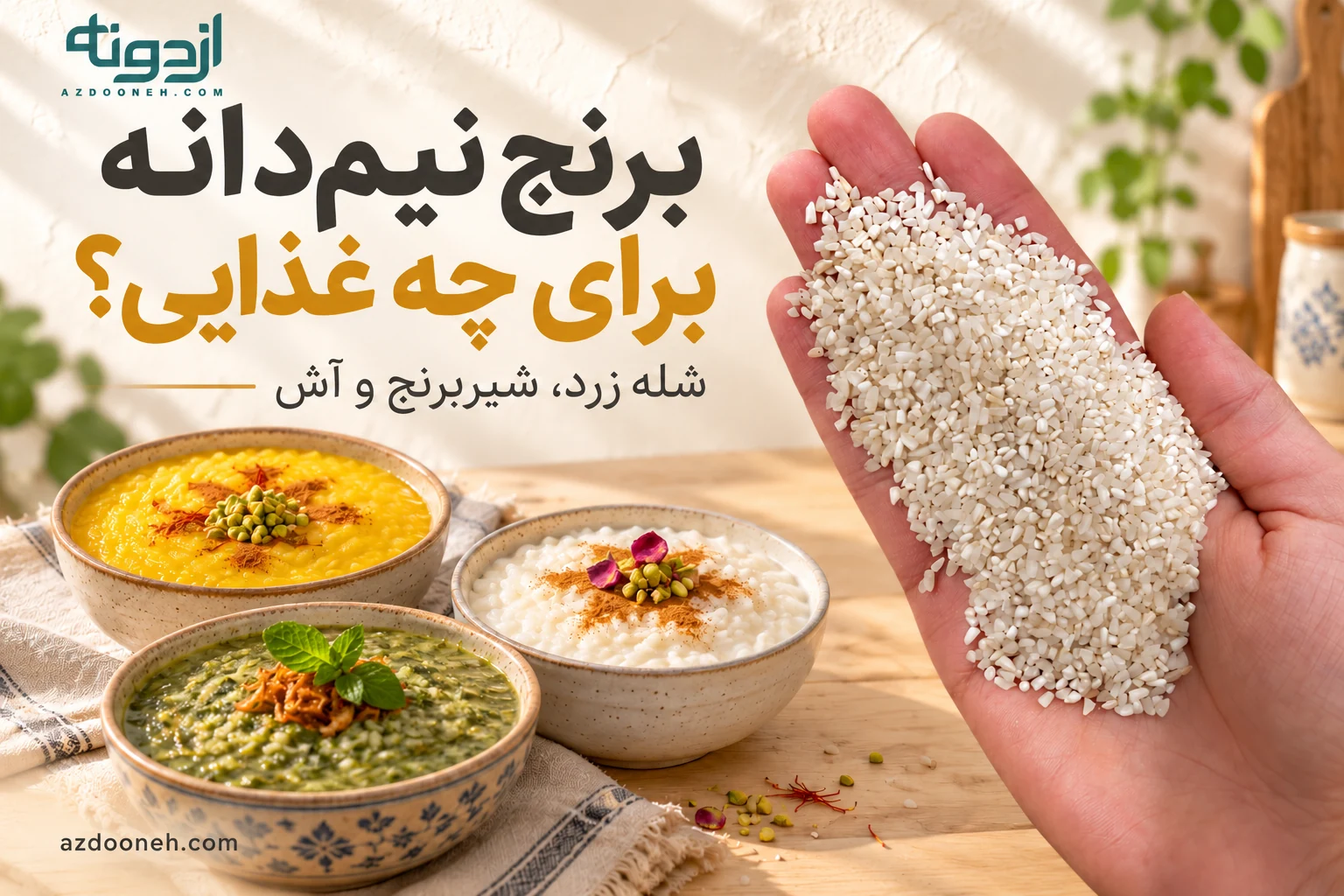 برنج نیم‌دانه ازدونه در دست، کنار ظرف‌های شله‌زرد، شیربرنج و آش
